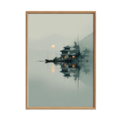 Japanese Landscape Print - Tranquil Lakeside Temple Art - Minimalist Wall Decor