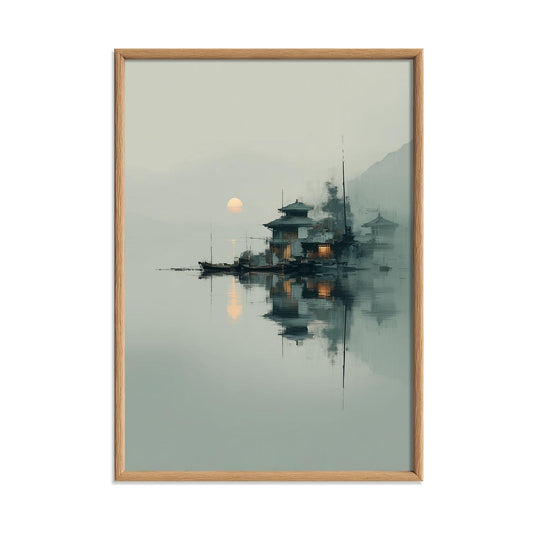 Japanese Landscape Print - Tranquil Lakeside Temple Art - Minimalist Wall Decor