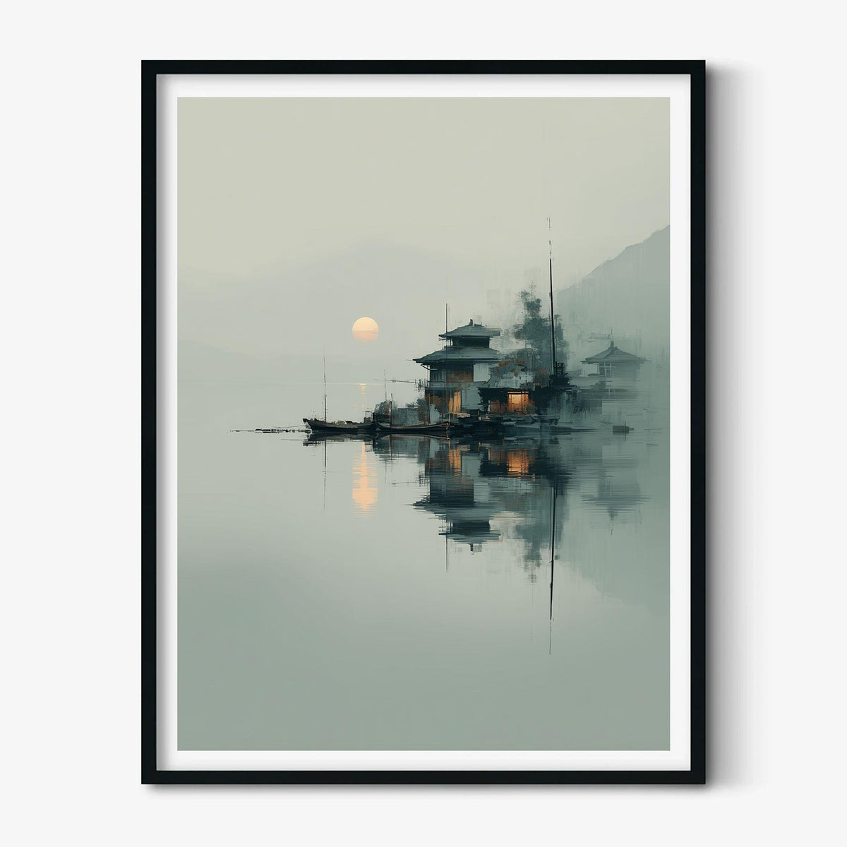 Japanese Landscape Print - Tranquil Lakeside Temple Art - Minimalist Wall Decor