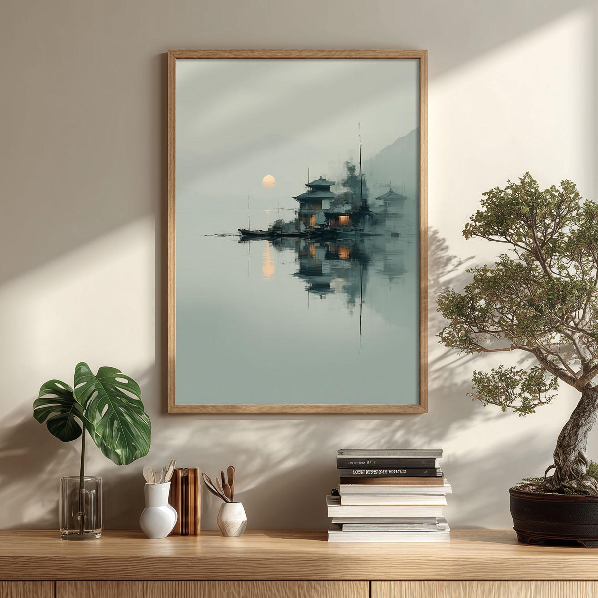Japanese Landscape Print - Tranquil Lakeside Temple Art - Minimalist Wall Decor
