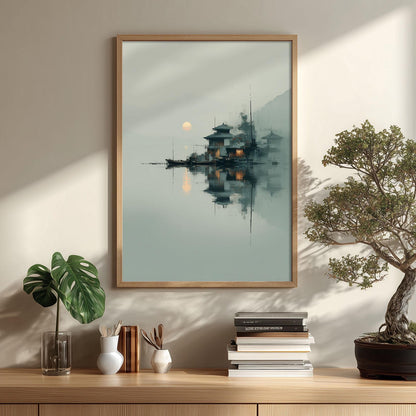 Japanese Landscape Print - Tranquil Lakeside Temple Art - Minimalist Wall Decor