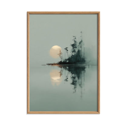 Japanese Landscape Print - Minimalist moonlit island art wall decor