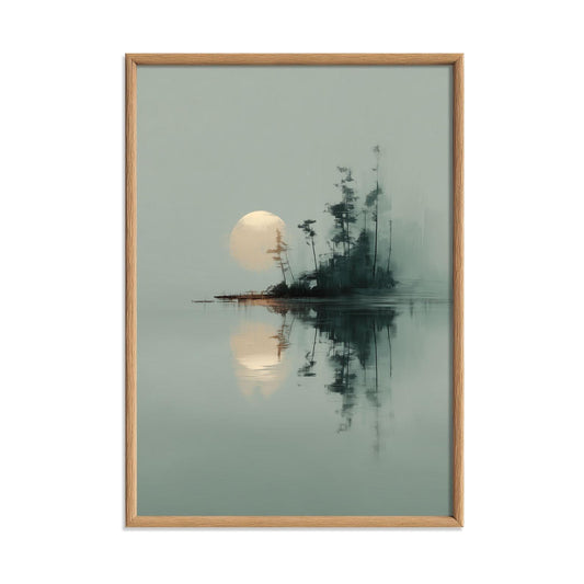 Japanese Landscape Print - Minimalist moonlit island art wall decor