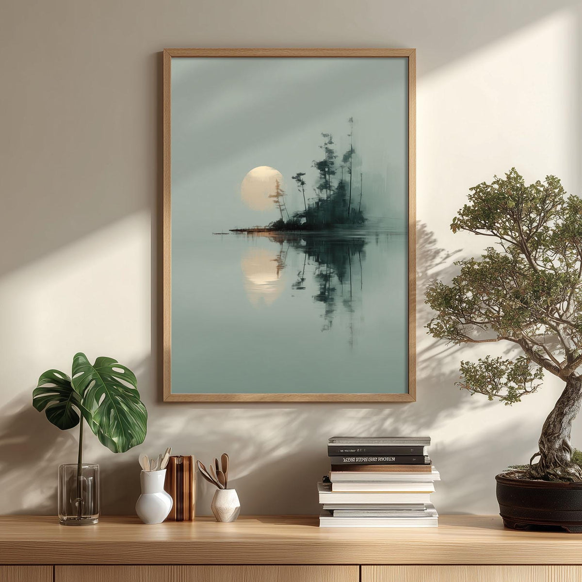 Japanese Landscape Print - Minimalist moonlit island art wall decor