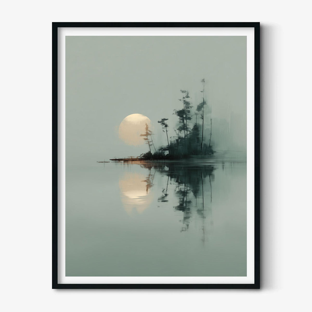 Japanese Landscape Print - Minimalist moonlit island art wall decor