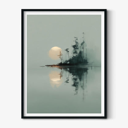 Japanese Landscape Print - Minimalist moonlit island art wall decor