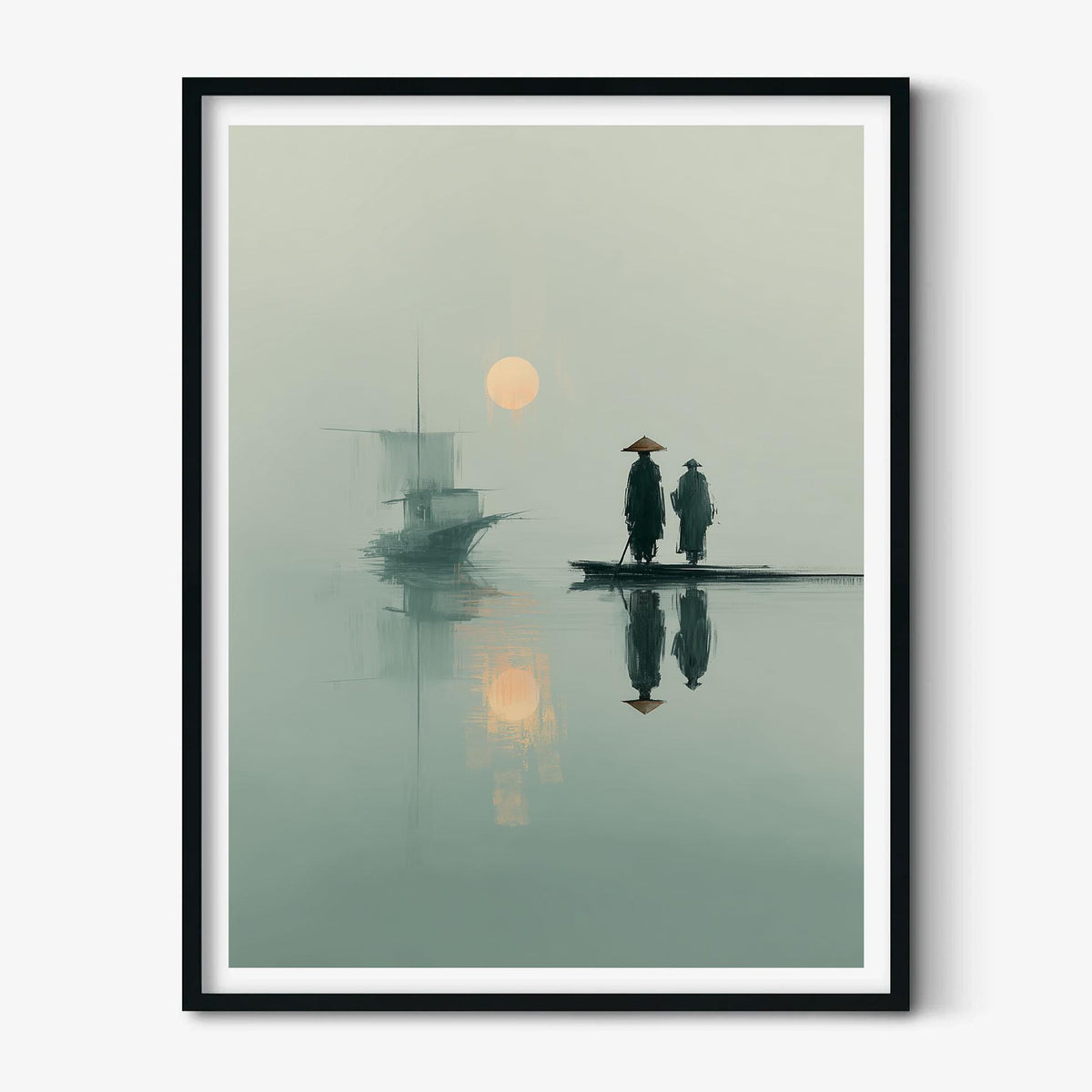 Japanese Wall Art Print - Minimalist Zen Boat Scene, Serene Teal Sunrise