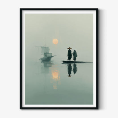 Japanese Wall Art Print - Minimalist Zen Boat Scene, Serene Teal Sunrise