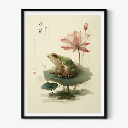 Japanese frog and lotus art print - Zen wall decor, Minimal ink style