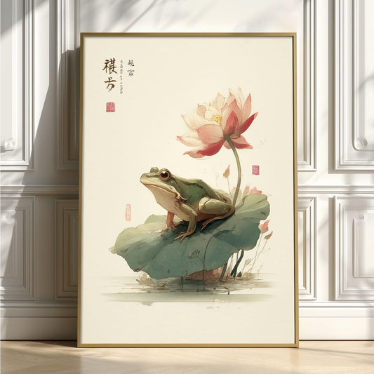 Japanese art print - Zen wall art, frog on lotus leaf illustration for home decor