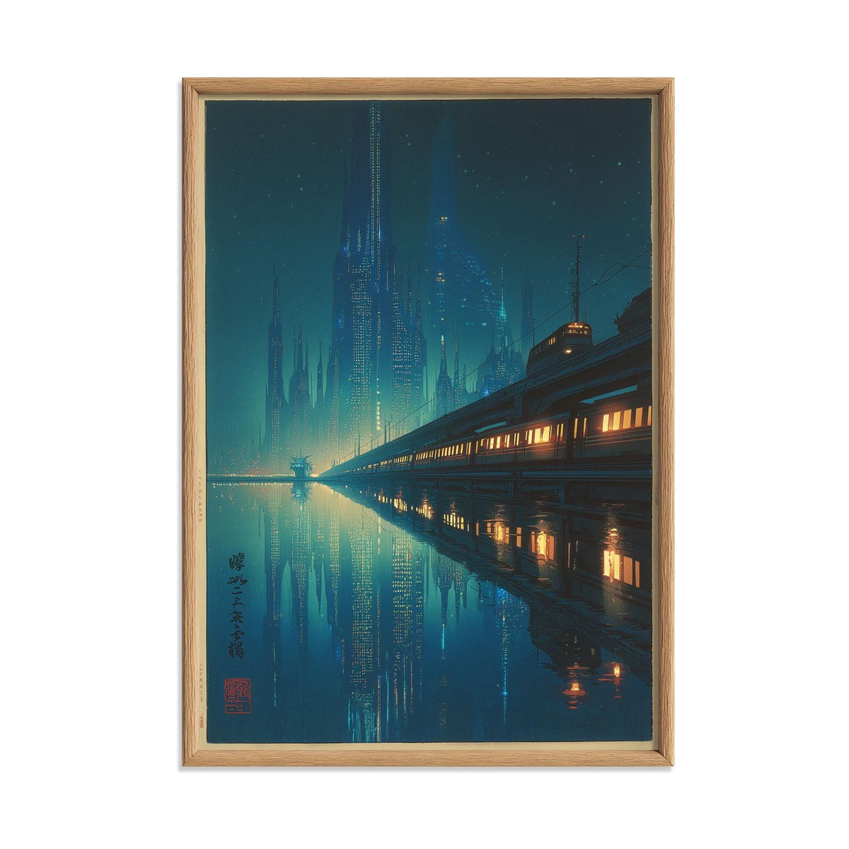 Japanese Cyberpunk City Print - Futuristic Night Skyline Wall Art