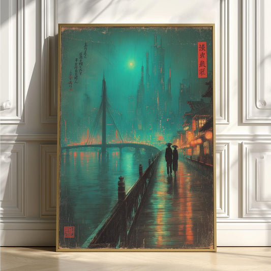 Japanese Cityscape Wall Art Print - Neon Rainy Street, Teal Night Skyline