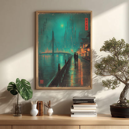 Japanese Cityscape Wall Art Print - Neon Rainy Street, Teal Night Skyline