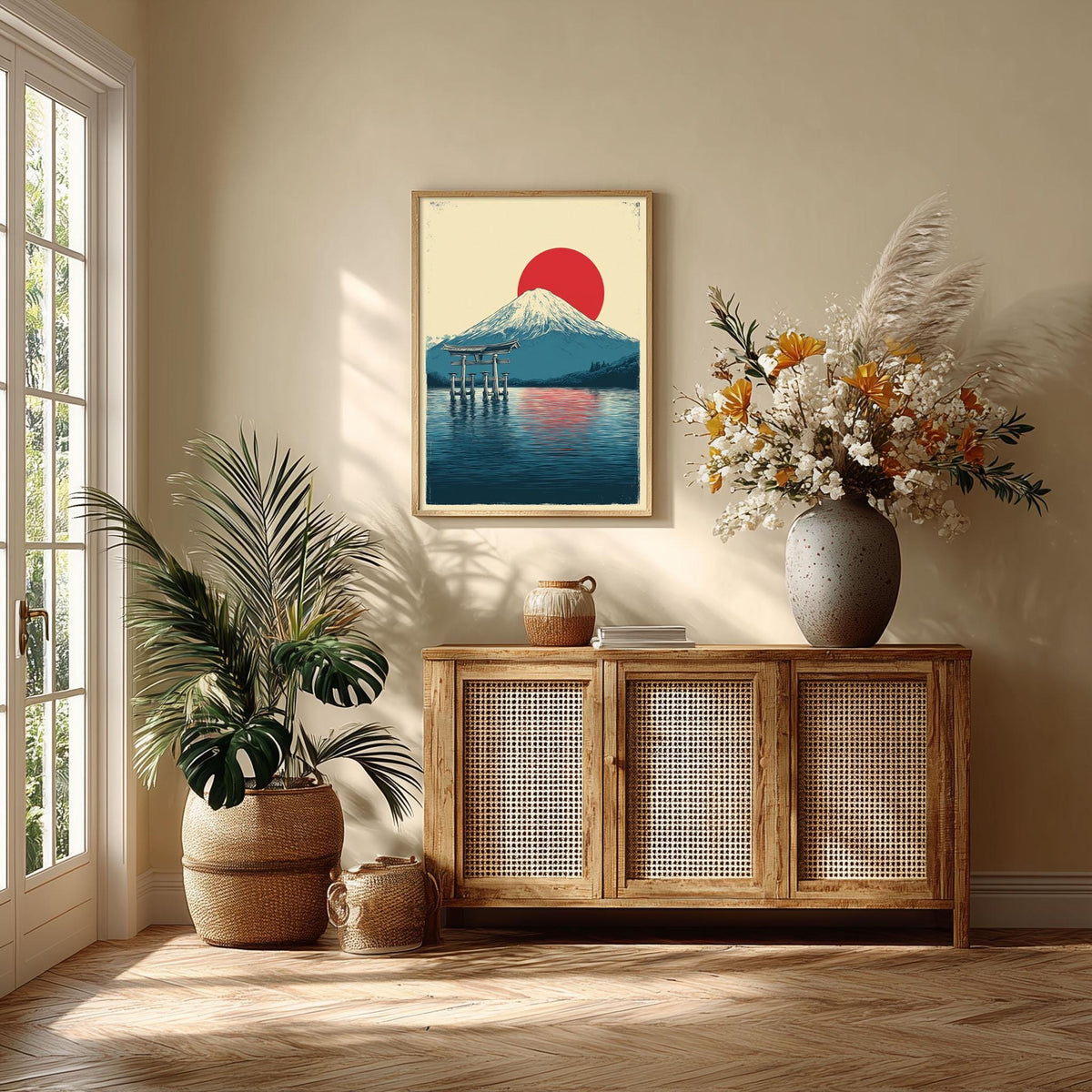 Japanese Wall Art Print - Mount Fuji and Red Sun illustration