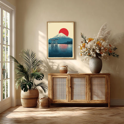 Japanese Wall Art Print - Mount Fuji and Red Sun illustration
