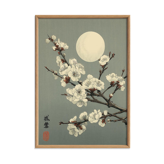 Japanese Blossom Print - Moonlit Plum Branch Wall Art, Vintage Style