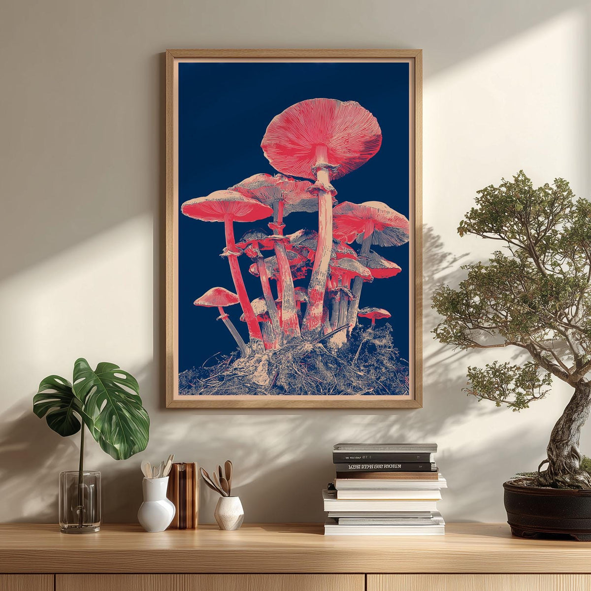 Japanese Mushroom Art Print - Modern Botanical Wall Decor, Navy and Coral Illustration
