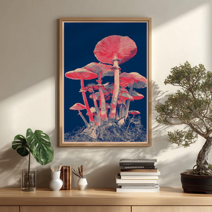 Japanese Mushroom Art Print - Modern Botanical Wall Decor, Navy and Coral Illustration