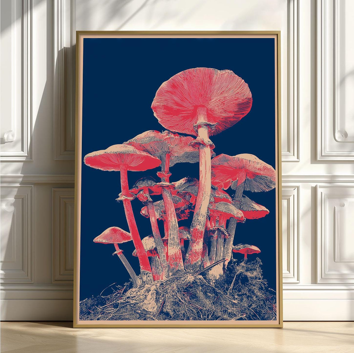 Japanese Mushroom Art Print - Modern Botanical Wall Decor, Navy and Coral Illustration