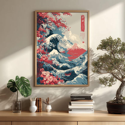 Japanese Wave Art Print - Cherry Blossoms and Mt Fuji Wall Decor