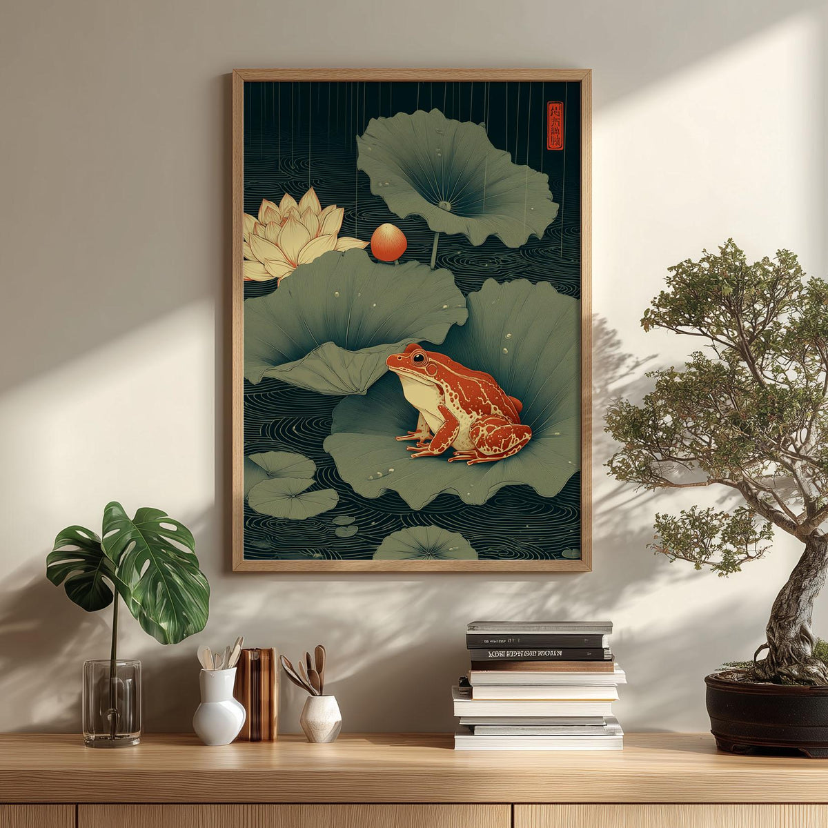 Japanese Frog Art Print - Lotus Pond Wall Decor, Ukiyo-e Style