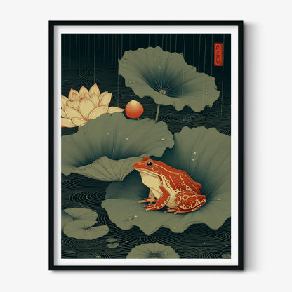 Japanese Frog Art Print - Lotus Pond Wall Decor, Ukiyo-e Style