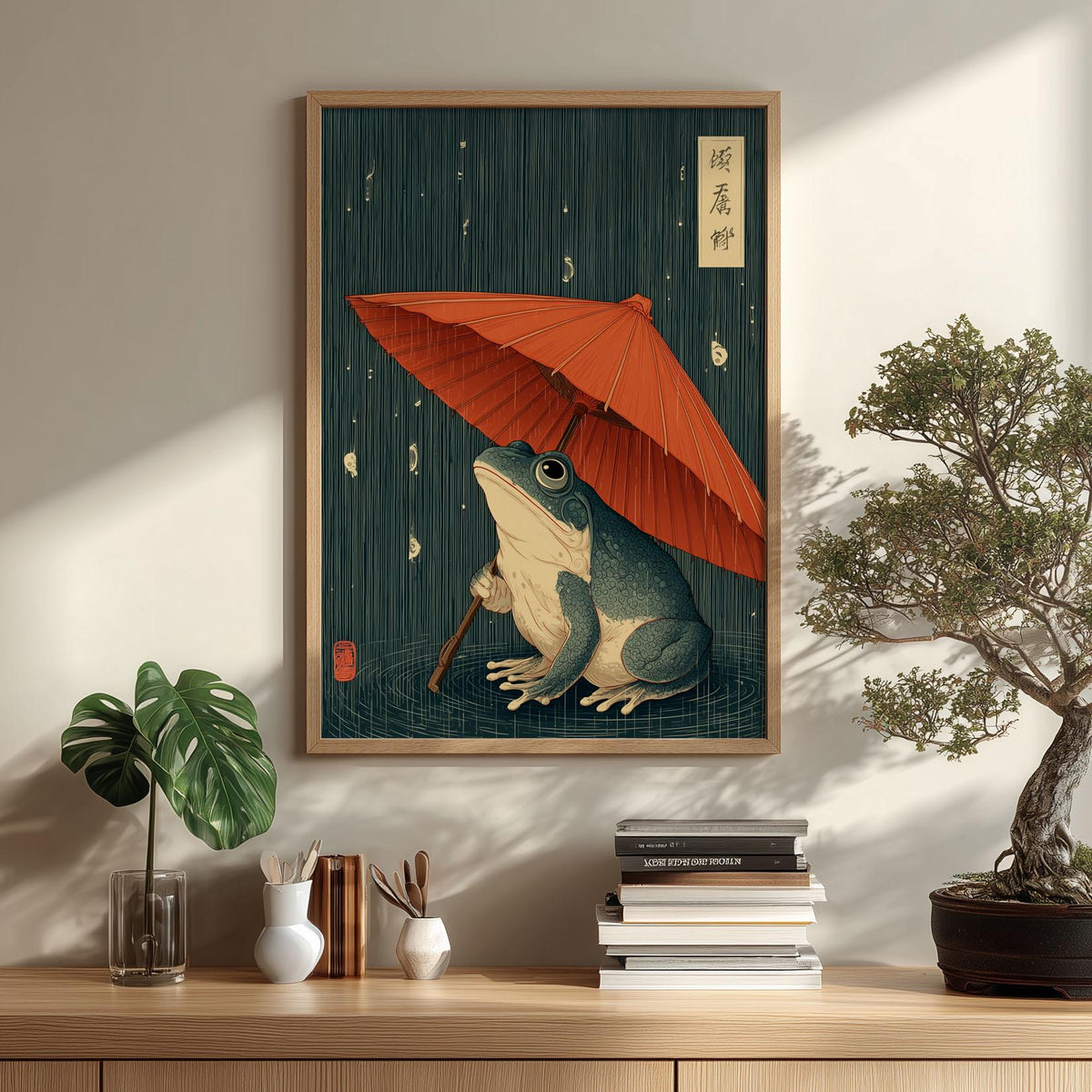 Japanese Frog Art Print – Ukiyo-e Style Toad Wall Art, Red Umbrella Poster