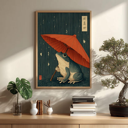 Japanese Frog Art Print – Ukiyo-e Style Toad Wall Art, Red Umbrella Poster