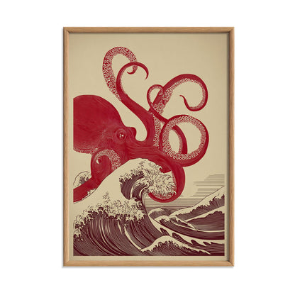 Japanese Octopus Print - Red Takō uUkiyo-e Wave Art Poster