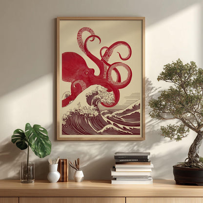Japanese Octopus Print - Red Takō uUkiyo-e Wave Art Poster