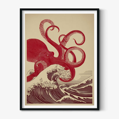Japanese Octopus Print - Red Takō uUkiyo-e Wave Art Poster