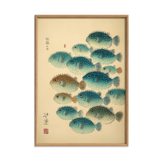 Japanese fish art print - vintage pufferfish wall decor - coastal ukiyo-e style