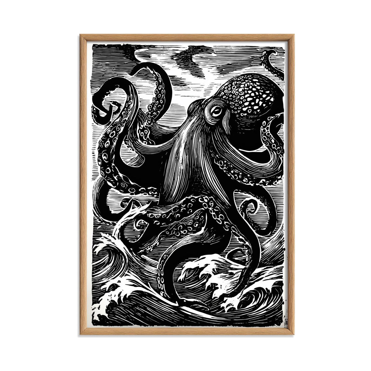 Japanese octopus print - black and white wave art - linocut wall decor