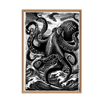 Japanese octopus print - black and white wave art - linocut wall decor