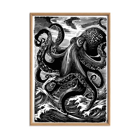 Japanese octopus print - black and white wave art - linocut wall decor