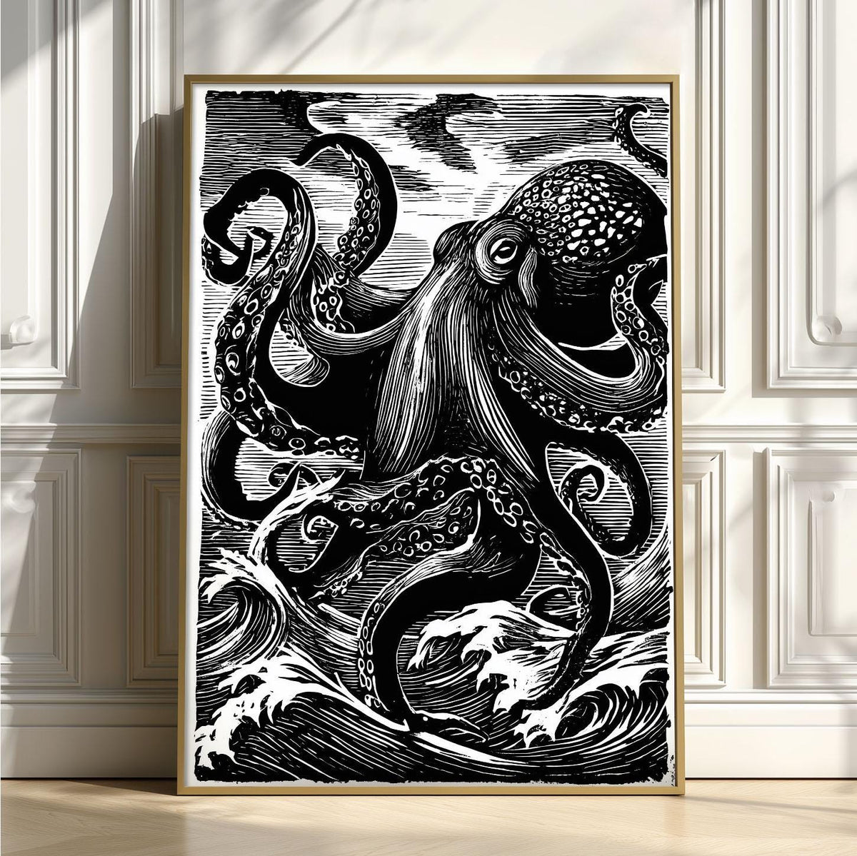 Japanese octopus print - black and white wave art - linocut wall decor