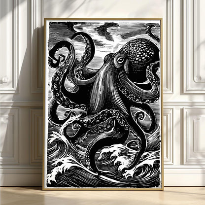 Japanese octopus print - black and white wave art - linocut wall decor