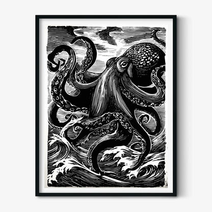 Japanese octopus print - black and white wave art - linocut wall decor