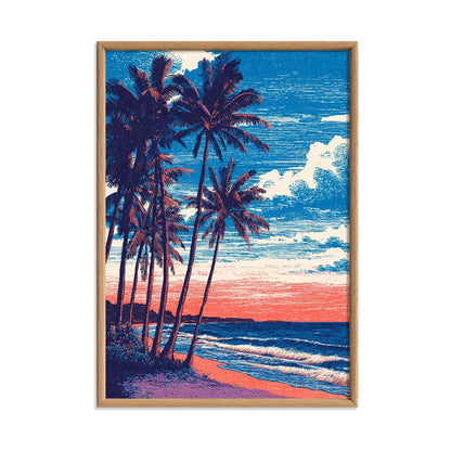 Tropical Beach Print - Palm Tree Coastal Wall Art, Sunset Ocean Poster
