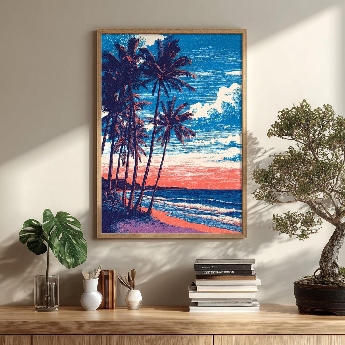 Tropical Beach Print - Palm Tree Coastal Wall Art, Sunset Ocean Poster