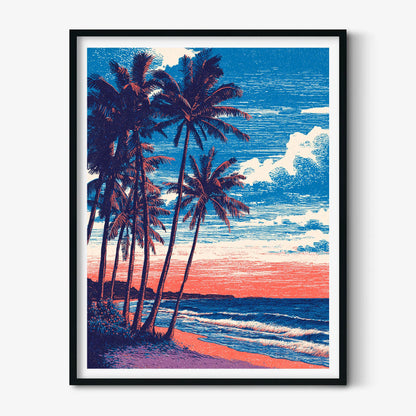 Tropical Beach Print - Palm Tree Coastal Wall Art, Sunset Ocean Poster