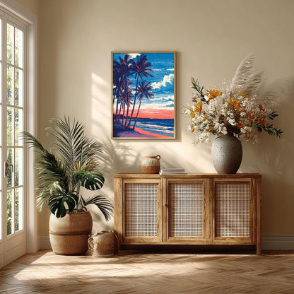 Tropical Beach Print - Palm Tree Coastal Wall Art, Sunset Ocean Poster