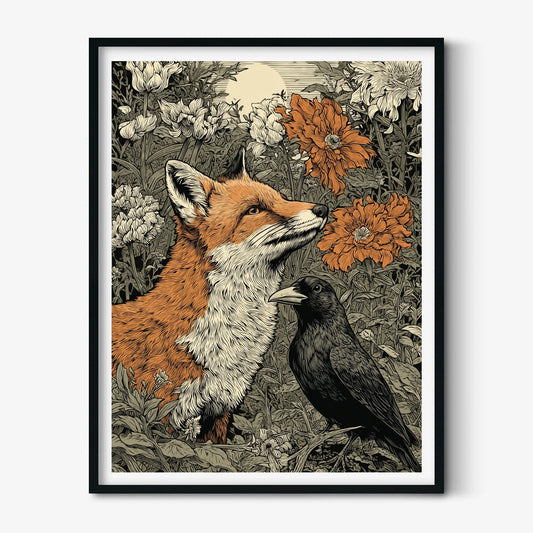 Fox and Crow Art print - Botanical Woodland Wall Decor - Vintage Style illustration