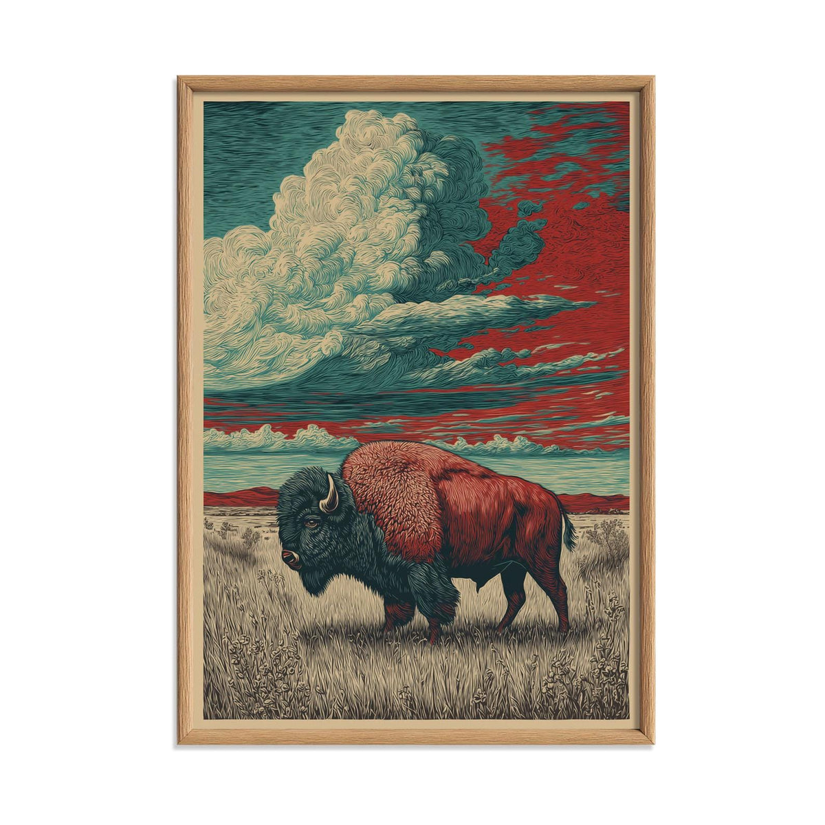 Bison Art Print - Buffalo Wall Art Landscape illustration - Western Decor