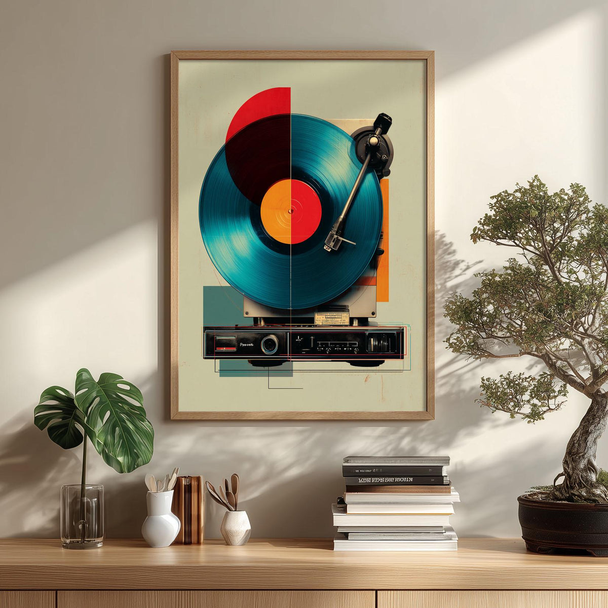 Retro Record Player Wall Art Print - Vinyl Turntable Poster, Mid-Century Modern Decor