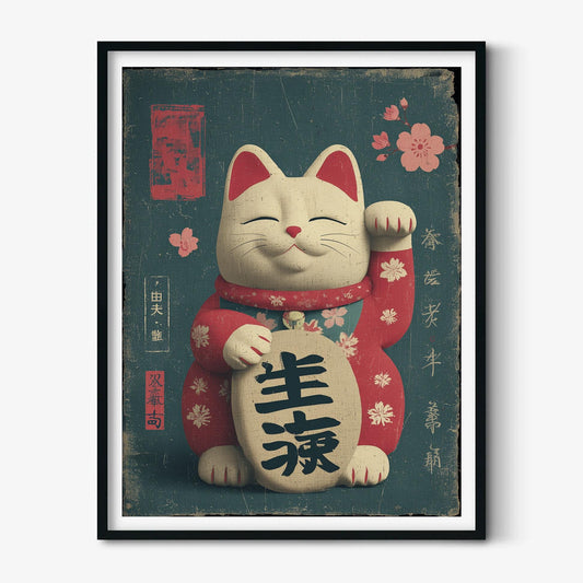 Maneki Neko Wall Art Print - Vintage Japanese Lucky Cat Poster