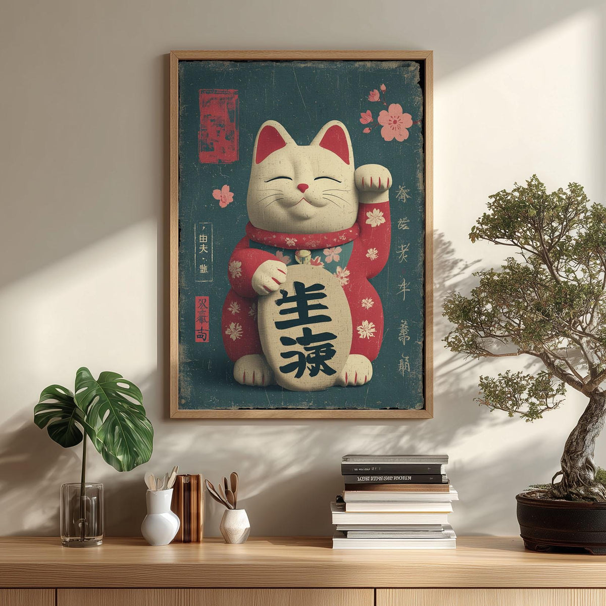 Maneki Neko Wall Art Print - Vintage Japanese Lucky Cat Poster