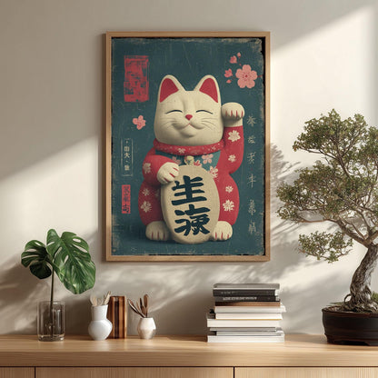 Maneki Neko Wall Art Print - Vintage Japanese Lucky Cat Poster