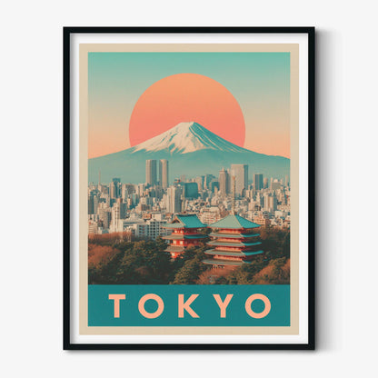 Tokyo Travel Poster Print - Retro Japan Wall Art with Mount Fuji Skyline