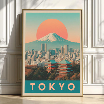 Tokyo Travel Poster Print - Retro Japan Wall Art with Mount Fuji Skyline